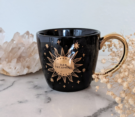 Moon & Sun Double Sided Mug - Celestial, Metallic Gold: Iridescent Black 7.4 oz.