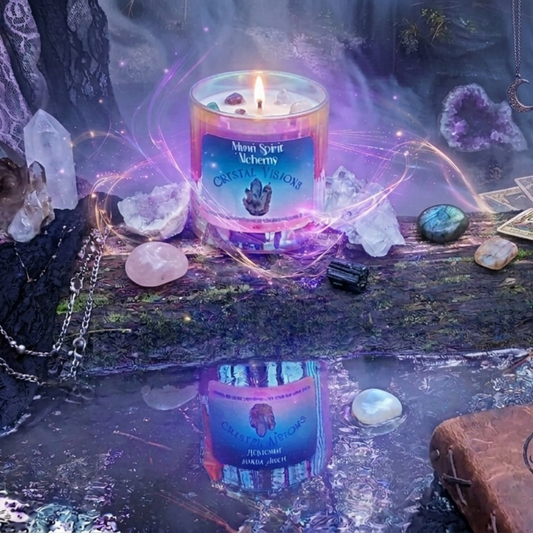 Witchy altar with candles, crystals, and tarot cards in a mystical setting
