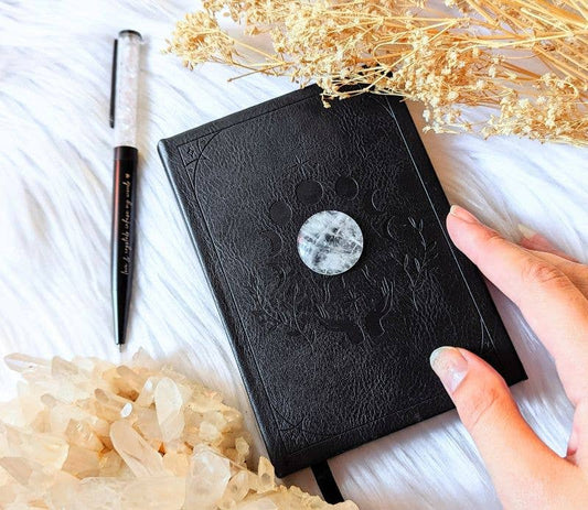 Mini Vegan Leather Journal Spell Book - Clear quartz crystal