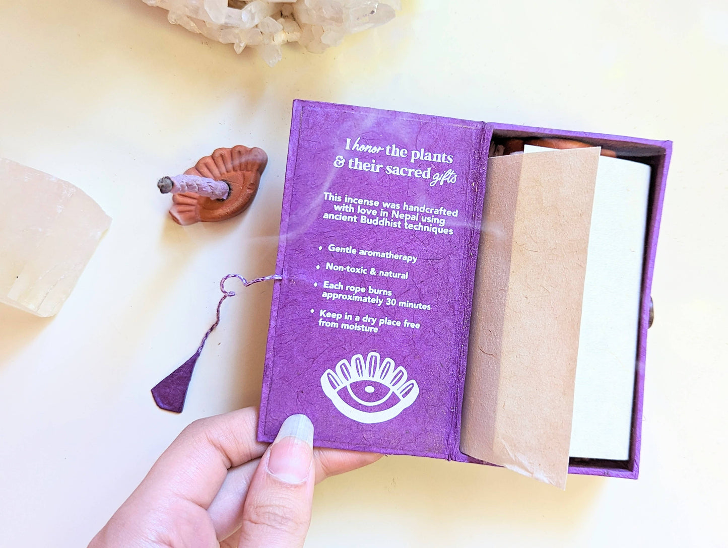 Sacred Smoke Rope Incense + Holder - Buddhist, Natural